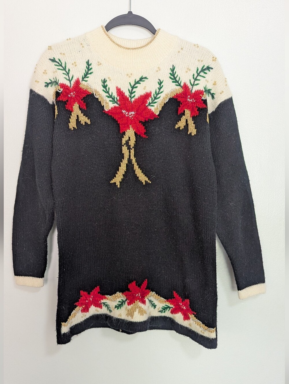 Vintage Dana Scott Size M Embellished Poinsettia Christmas Sweater Black Red